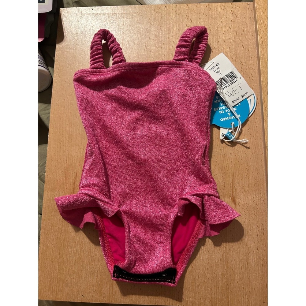 Minny Wet Lenae Girls Metallic Pink Ruffle One Piece Swimsuit Size 2T NWT